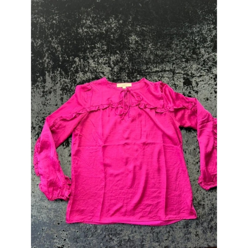 LOFT Women's XS Hot Pink Ruffle Sleeve Tie Neck Keyhole Blouse Long Sleeve - Picture 6 of 10
